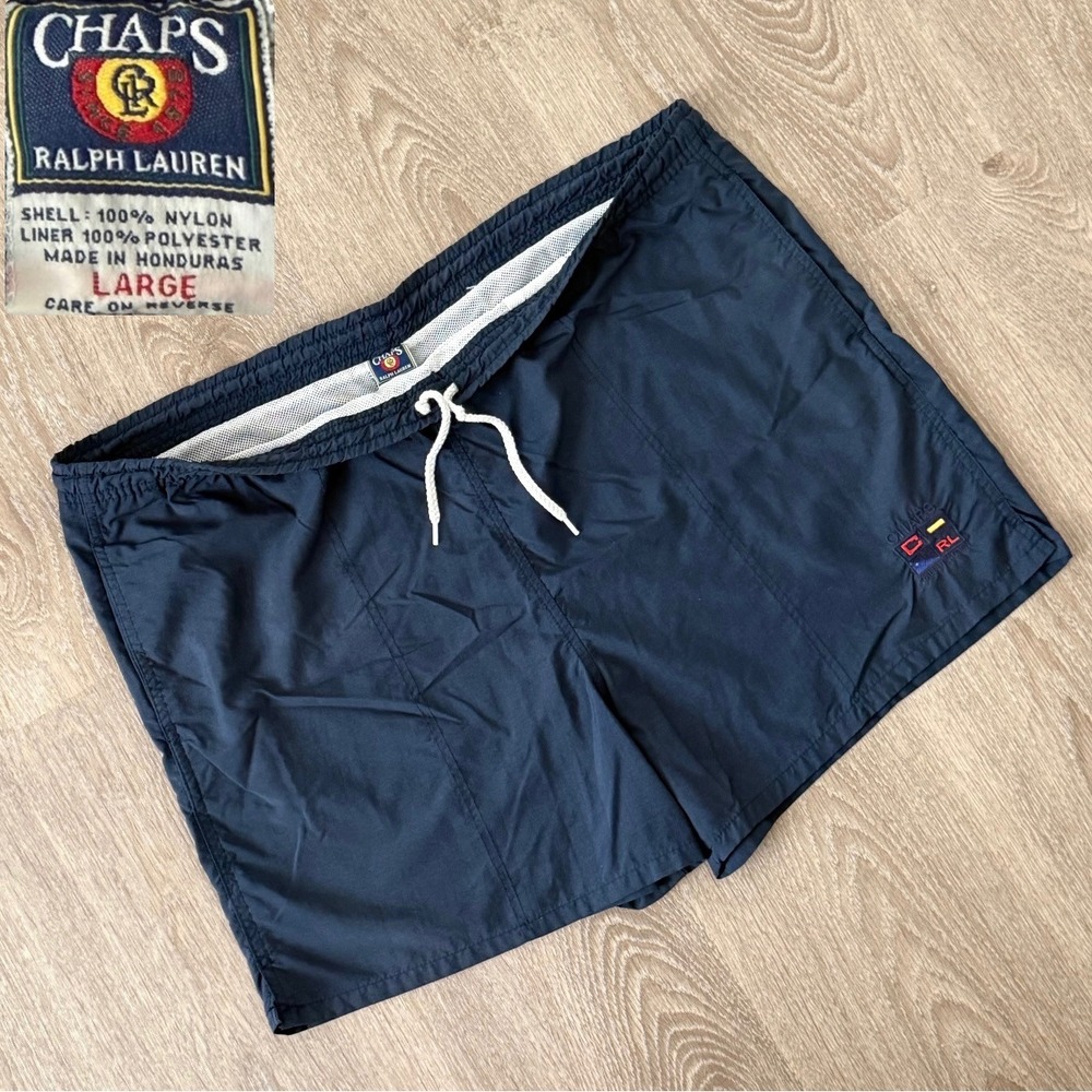 Vintage 90s Chaps Ralph Lauren Mens Navy Blue Nylon Mesh Lined Swim Trunks Large